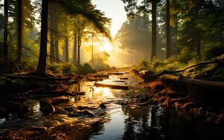 ai gerado lindo panorama floresta às alvorecer dentro a □ Gentil luz do a Aumentar Sol luz listras através córregos e pedras. dourado brilho durante a cativante pôr do sol foto