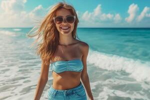 ai gerado uma mulher dentro uma bikini e oculos de sol em a de praia foto