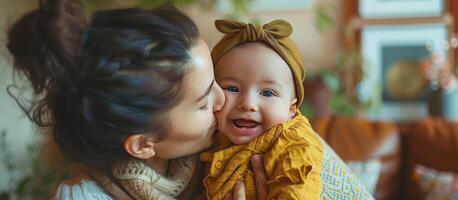 ai gerado jovem mãe, fazendo carinho dela recém-nascido bebê garoto, segurando ele dentro dela braços e sorridente a partir de felicidade. generativo ai foto