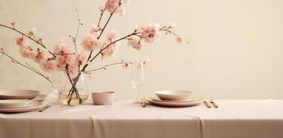 ai gerado a mesa é conjunto com Rosa flores em isto foto