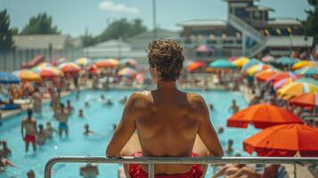 ai gerado grupo do pessoas dentro uma natação piscina com guarda-chuvas foto