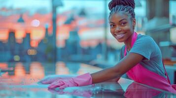 ai gerado mulher dentro Rosa avental segurando garrafa do mão desinfetante foto