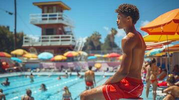 ai gerado grupo do pessoas dentro uma natação piscina com guarda-chuvas foto