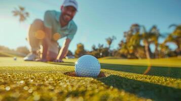 ai gerado golfe bola em verde campo foto