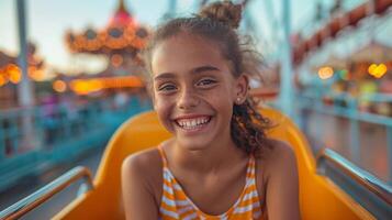 ai gerado mulher sorrisos enquanto equitação rolo montanha-russa foto