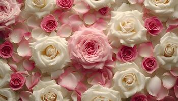 ai gerado uma ampla grupo do Rosa e branco rosas foto