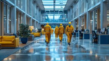 ai gerado grupo do pessoas dentro amarelo ternos caminhando baixa uma corredor foto