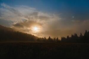 montanha panorama pinho árvores perto vale e colorida floresta em encosta debaixo azul céu com nuvens e névoa dentro lua luz às noite foto