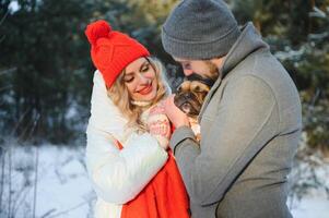 uma amoroso casal anda em de a mãos em a fundo do uma inverno Nevado floresta. uma homem é segurando uma cachorro. uma menina dentro uma branco baixa Jaqueta e uma vermelho chapéu. foto