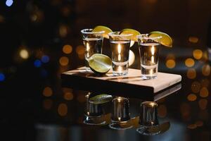 tequila com Lima em uma Sombrio fundo foto