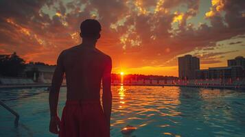 ai gerado homem em pé de natação piscina às pôr do sol foto