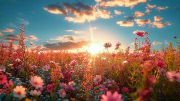 ai gerado campo do vermelho flores debaixo azul céu foto