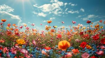 ai gerado campo do colorida flores debaixo azul céu foto