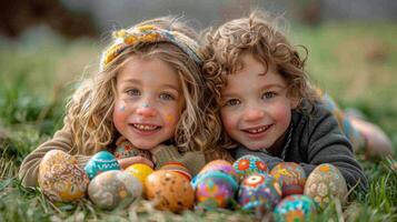 ai gerado dois pequeno meninas deitado dentro Relva com braços por aí cada de outros foto