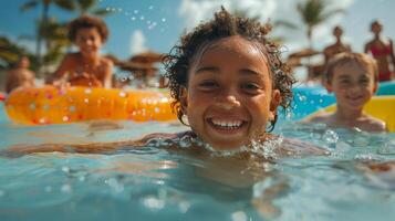 ai gerado crianças jogando dentro uma natação piscina foto