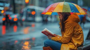 ai gerado mulher sentado em Banco dentro chuva com guarda-chuva foto