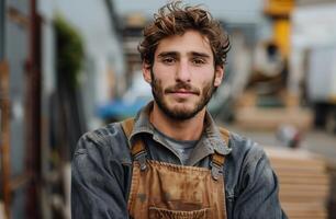 ai gerado uma homem dentro No geral em pé às a industrial construção foto