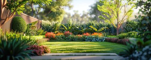 ai gerado uma ampla quintal com muitos diferente plantas foto