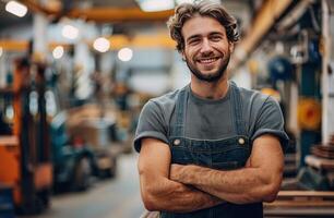 ai gerado uma homem dentro No geral em pé às a industrial construção foto