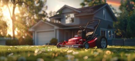 ai gerado uma vermelho gramado cortador de grama dentro frente do uma casa foto