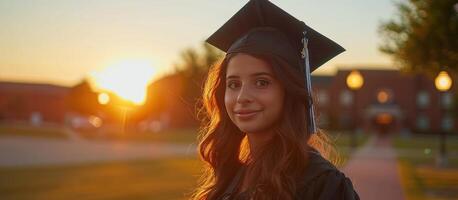 ai gerado a imagem do uma fêmea graduando aluna às pôr do sol foto