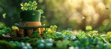 ai gerado trevos st patrick dia chapéu e moedas sentado em verde foto