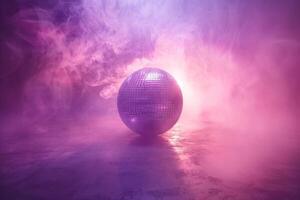 ai gerado discoteca bola com luz do néon em uma roxa fundo foto