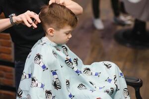 uma pequeno fofa Garoto senta dentro uma cabeleireiro às a estilista, uma aluno é obtendo cabelo cortar dentro uma beleza salão, uma criança às uma barbearia, uma curto masculino corte de cabelo foto