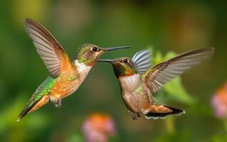 ai gerado uma par do beija-flores bebericando néctar juntos a partir de colorida flores foto