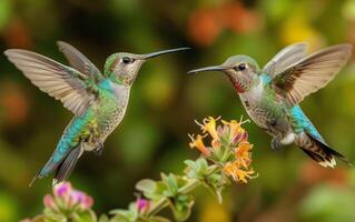 ai gerado uma par do beija-flores bebericando néctar juntos a partir de colorida flores foto