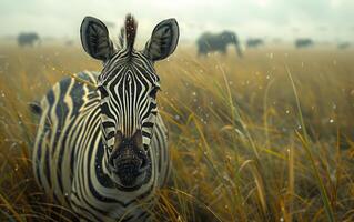 ai gerado a atento zebra em a chuvoso africano savana foto