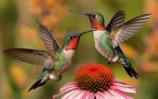 ai gerado uma casal do beija-flores pairando sobre e desfrutando néctar a partir de radiante florais foto