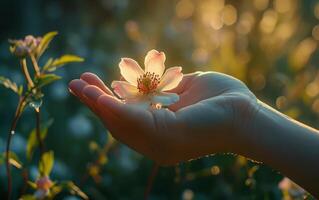 ai gerado mãos segurando florescendo flor dentro luz solar foto