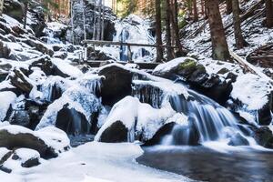 congeladas cachoeiras com uma de madeira grade dentro a floresta durante caminhada foto