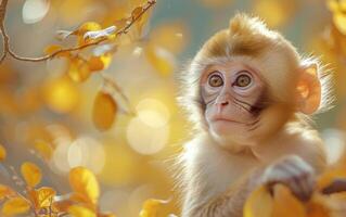 ai gerado fascinado macaco olhando através outonal folhas foto