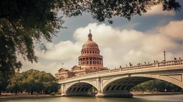 ai gerado pôr do sol Visão do capitólio construção e ponte foto