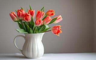 ai gerado colorida tulipas dentro uma clássico branco jarro no meio luz do dia foto