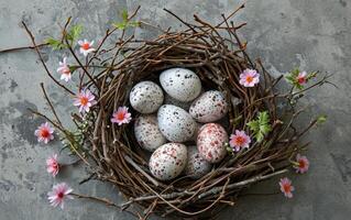 ai gerado velho formado ninho com ovos ornamentado com flor desenhos foto
