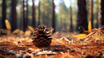 ai gerado pinho cone no meio floresta chão dentro luz solar foto