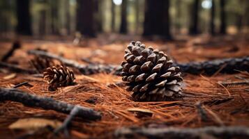 ai gerado pinho cone no meio floresta chão dentro luz solar foto