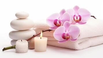 ai gerado elegante spa configuração com orquídeas e velas foto