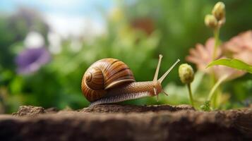 ai gerado Caracol em solo com verde folhas foto