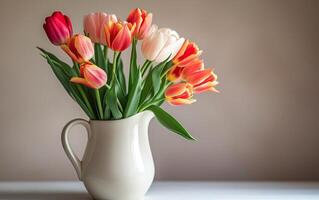 ai gerado brilhando tulipas dentro uma convencional branco jarro em uma dia cheio do Sol foto