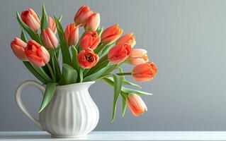 ai gerado brilhando tulipas dentro uma convencional branco jarro em uma dia cheio do Sol foto