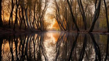 ai gerado nascer do sol reflexão em calma lago com árvores foto