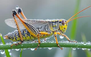 ai gerado uma macro lente capturar do uma brilhantemente estampado gafanhoto foto