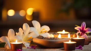 ai gerado relaxante spa ambiente com velas e flores foto