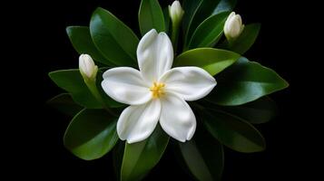 ai gerado branco tiare flor com pingos de chuva em pétalas foto