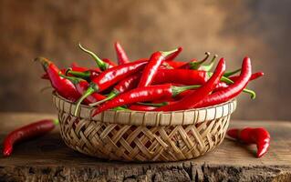 ai gerado uma tradicional cesta transbordante com brilhante vermelho Pimenta pimentas foto