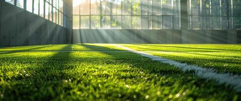 ai gerado Relva campo dentro a interior Treinamento Esportes campo foto